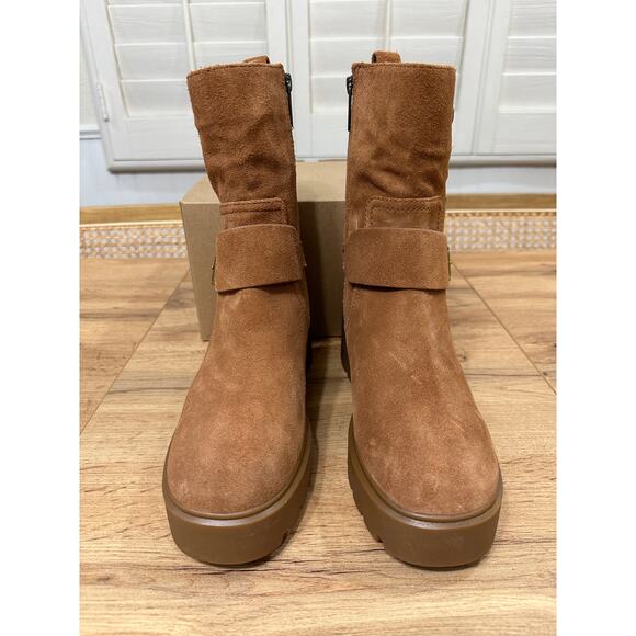 Michael Kors Perry Suede Moto Boots Luggage Camel Size 8 NWOB Chic Edgy Lug Sole - Picture 5 of 14